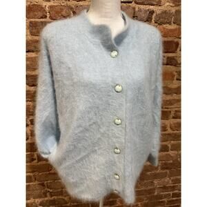 RARE Connie A Lee Blue Fluffy Fuzzy Vintage Angora Cardigan Sweater XL Pockets